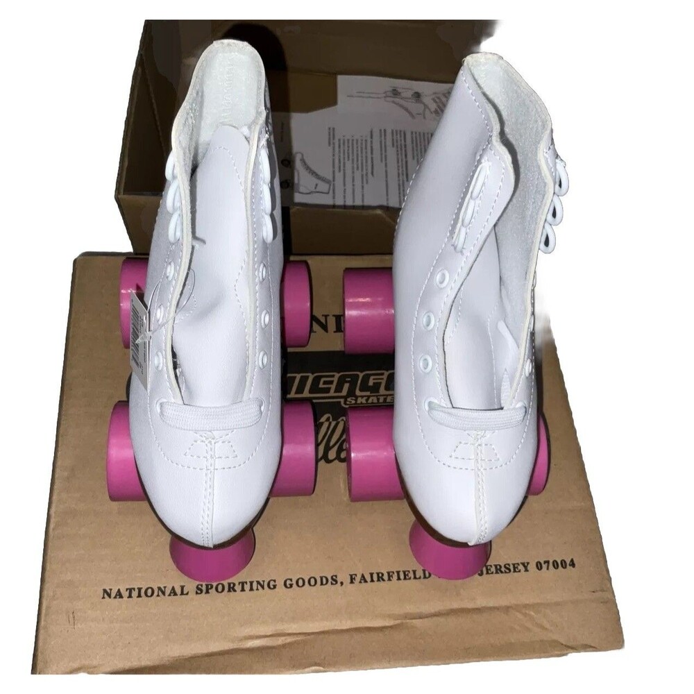 Chicago Skates Girl Classic Roller Skates WH SZ J Y10 W/ Pink Wheels Ring NEW